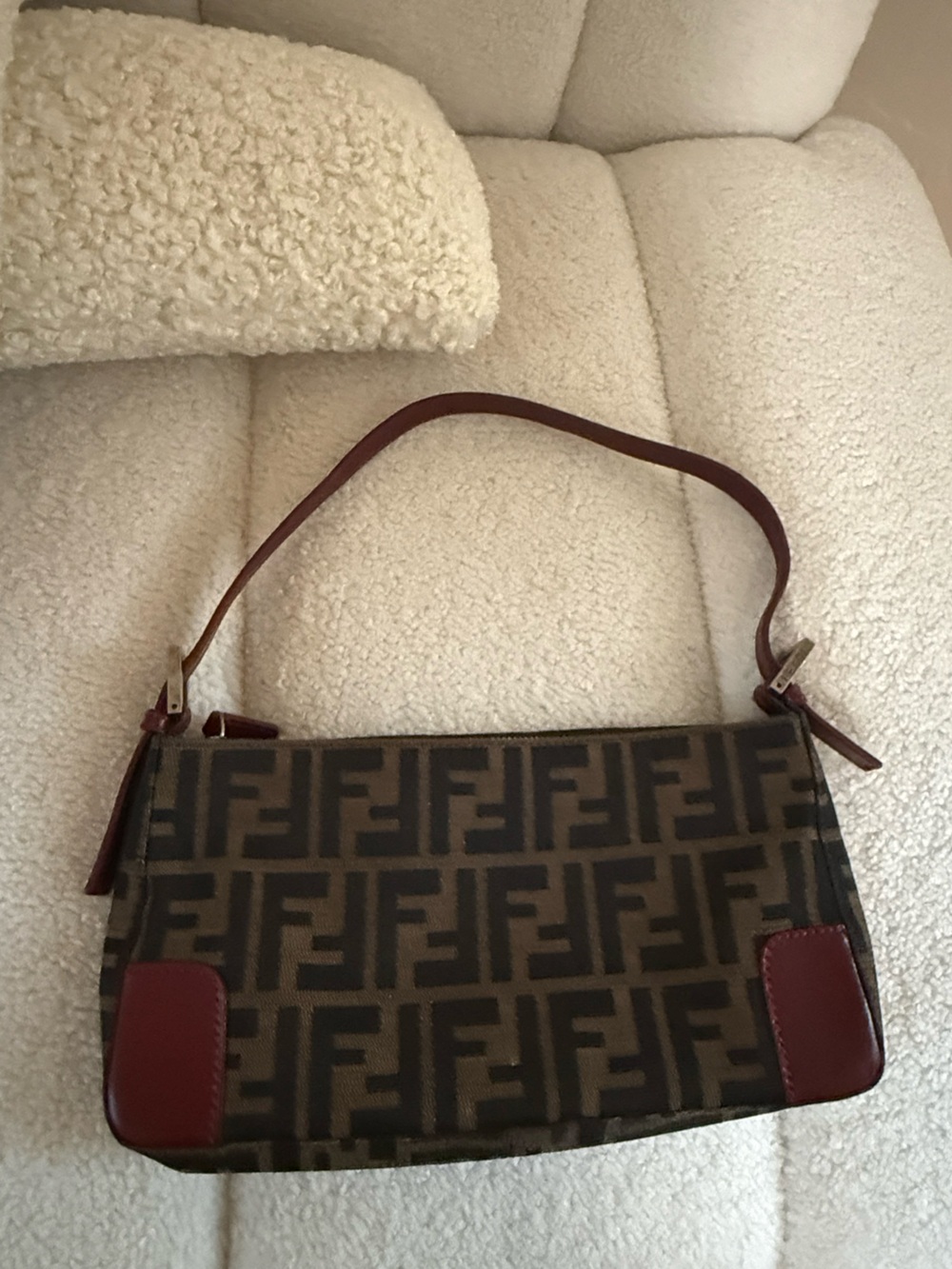 Fendi Zucca FF Monogram Pochette Canvas & Leather Burgundy Shoulder Baguette Bag - Picture 2 of 8